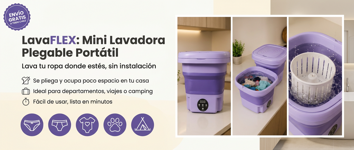 Banner ancho LavaFLEX con iconos de uso, sello envio gratis y tres fotos distintas